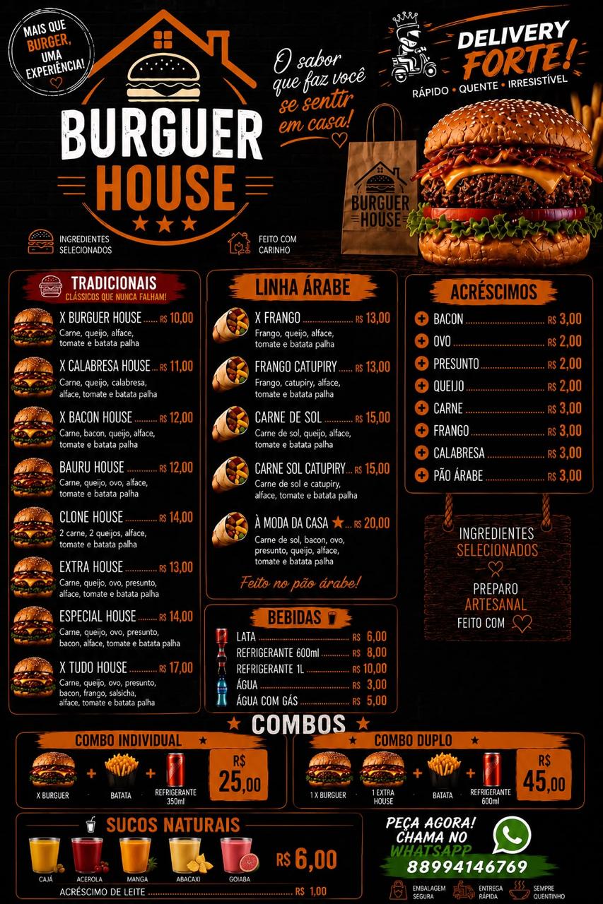 Cardápio da Burguer House com lanches, combos, bebidas e adicionais